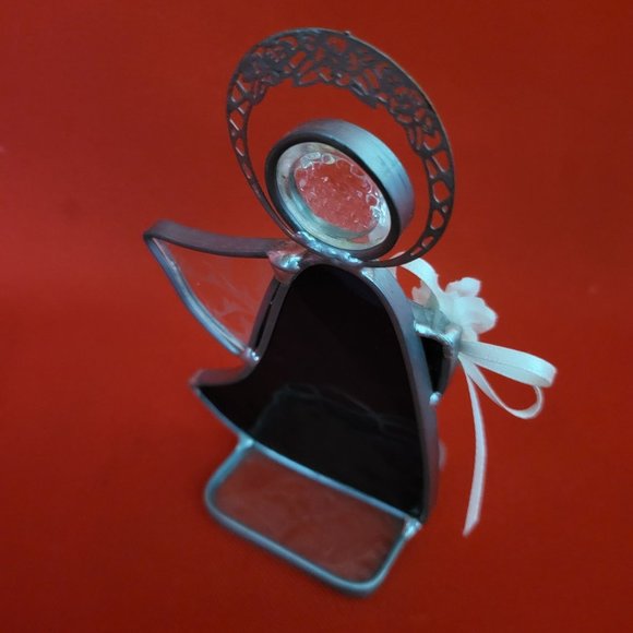 Vintage Stained Glass Free Standing Angel Holding a Flower Blue Suncatcher Pewte - Picture 11 of 12